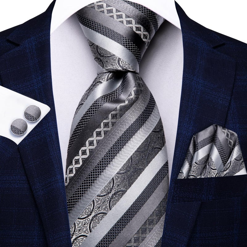 Hi-Tie Silk Ties for Men Plaid Paisley Striped Necktie Pocket Square Cufflinks Set Formal Business,Gray Silver - Image 3